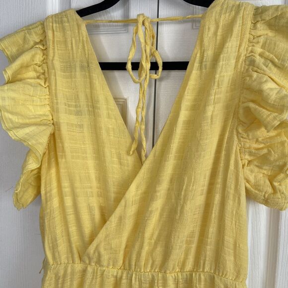 Maggy London Sz 10 Tiered Midi Sundress Yellow Flutter Cap Sleeve Silver Thread - Picture 10 of 13